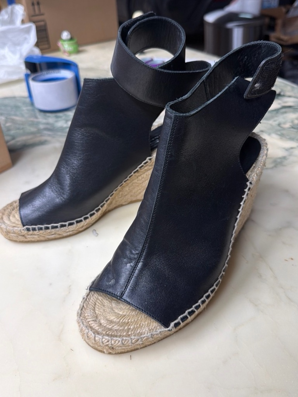 Vince Black Leather Espadrille Wedge Ankle Booties